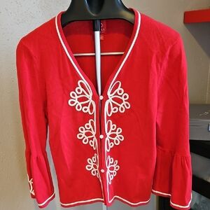 Red Cardigan with White Embroidery